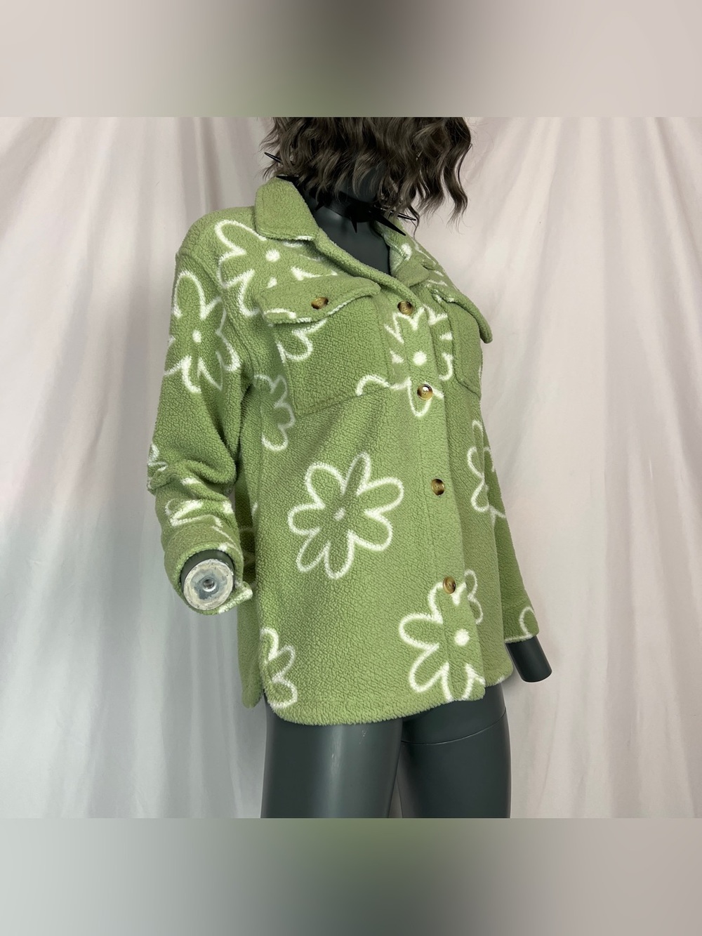 Matcha Green & White Daisy Flower Power Plush Fleece Button Up Jacket